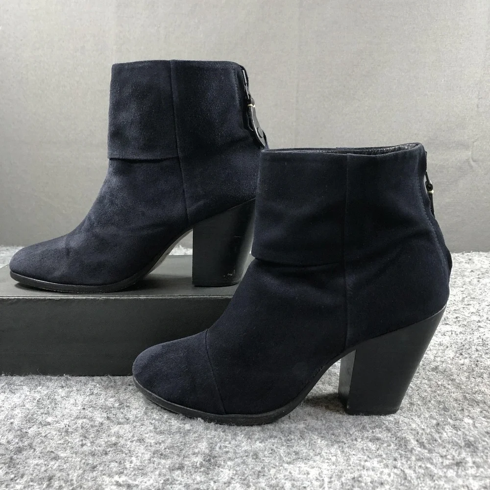 Rag & Bone Newbury 2.0 Boots Womens 9 Navy Suede Ankle Zip Block Heel Casual